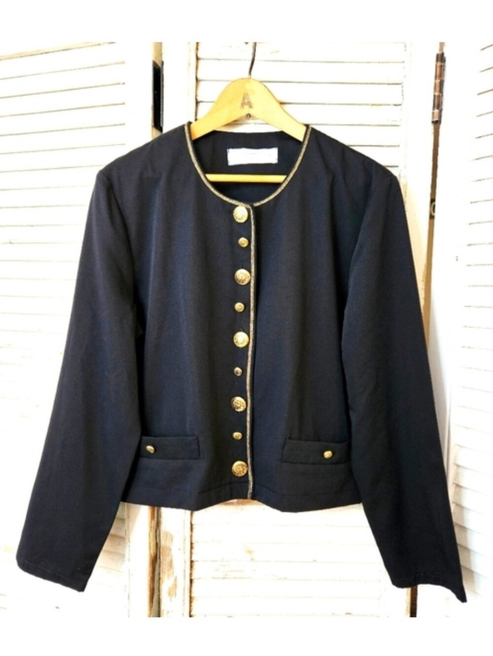 Vintage 80s Black Cropped Boxy Jacket With Gold Buttons And Trim S/M